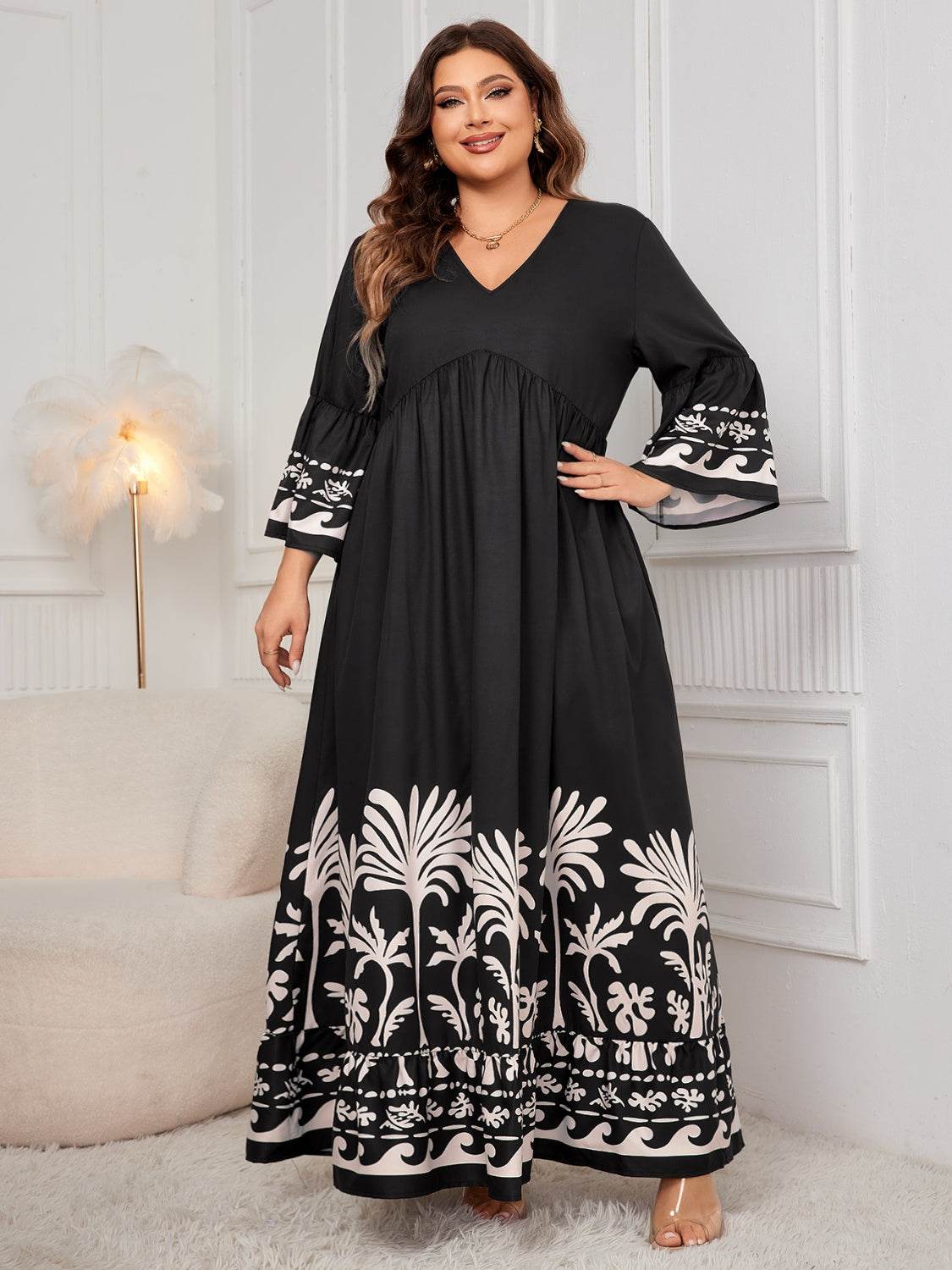 Honey Plus Size Printed V-Neck Long Sleeve Maxi Dress - Amexza