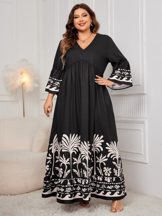 Honey Plus Size Printed V-Neck Long Sleeve Maxi Dress - Black / 1XL