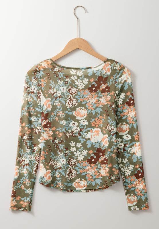 Floral Round Neck Long Sleeve T-Shirt - Amexza