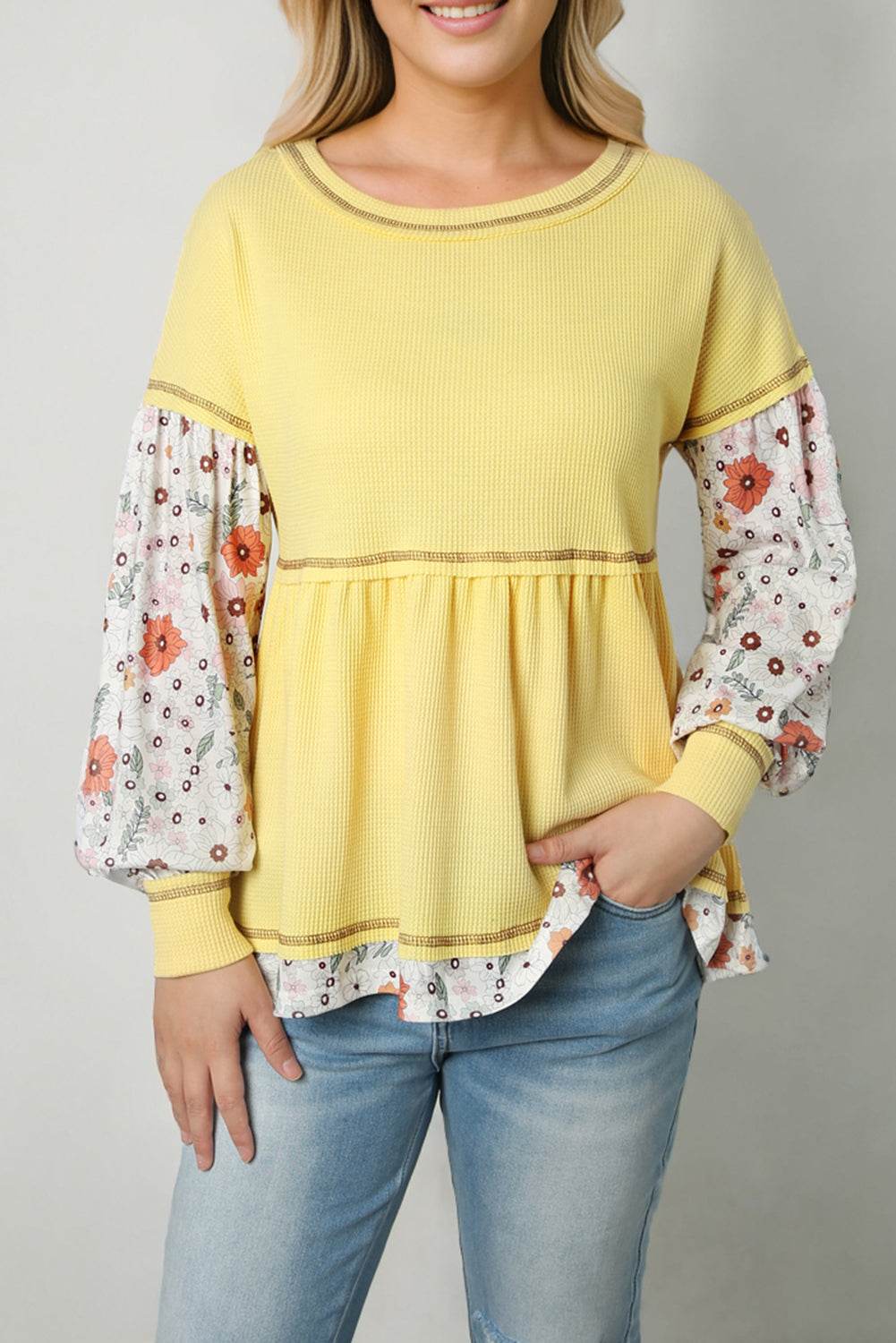 Round Neck Long Sleeve Babydoll Blouse - Amexza