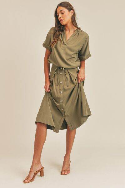 MABLE Short Sleeve Top and Button Down Midi Skirt Set Olive for a perfect OOTD – dress to impress outfits from Amexza