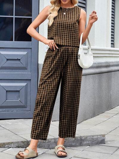 Lovelet Plaid Round Neck Sleeveless Top and Pants Set - Amexza