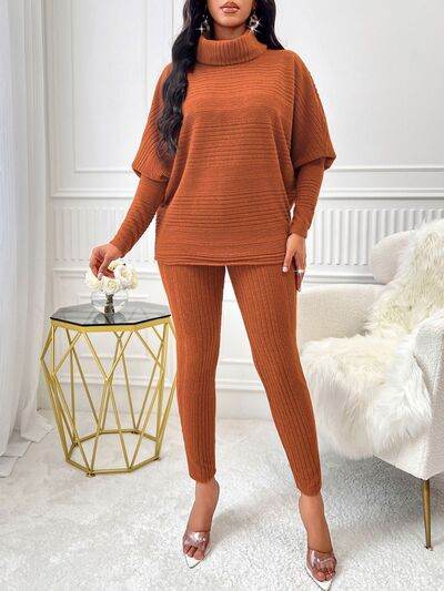 Turtleneck Batwing Sleeve Top and Pants Set - Amexza