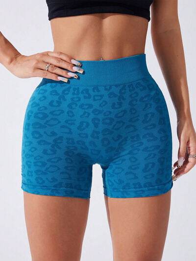 Ruched Leopard High Waist Active Shorts Sky Blue for a perfect OOTD – dress to impress outfits from Amexza