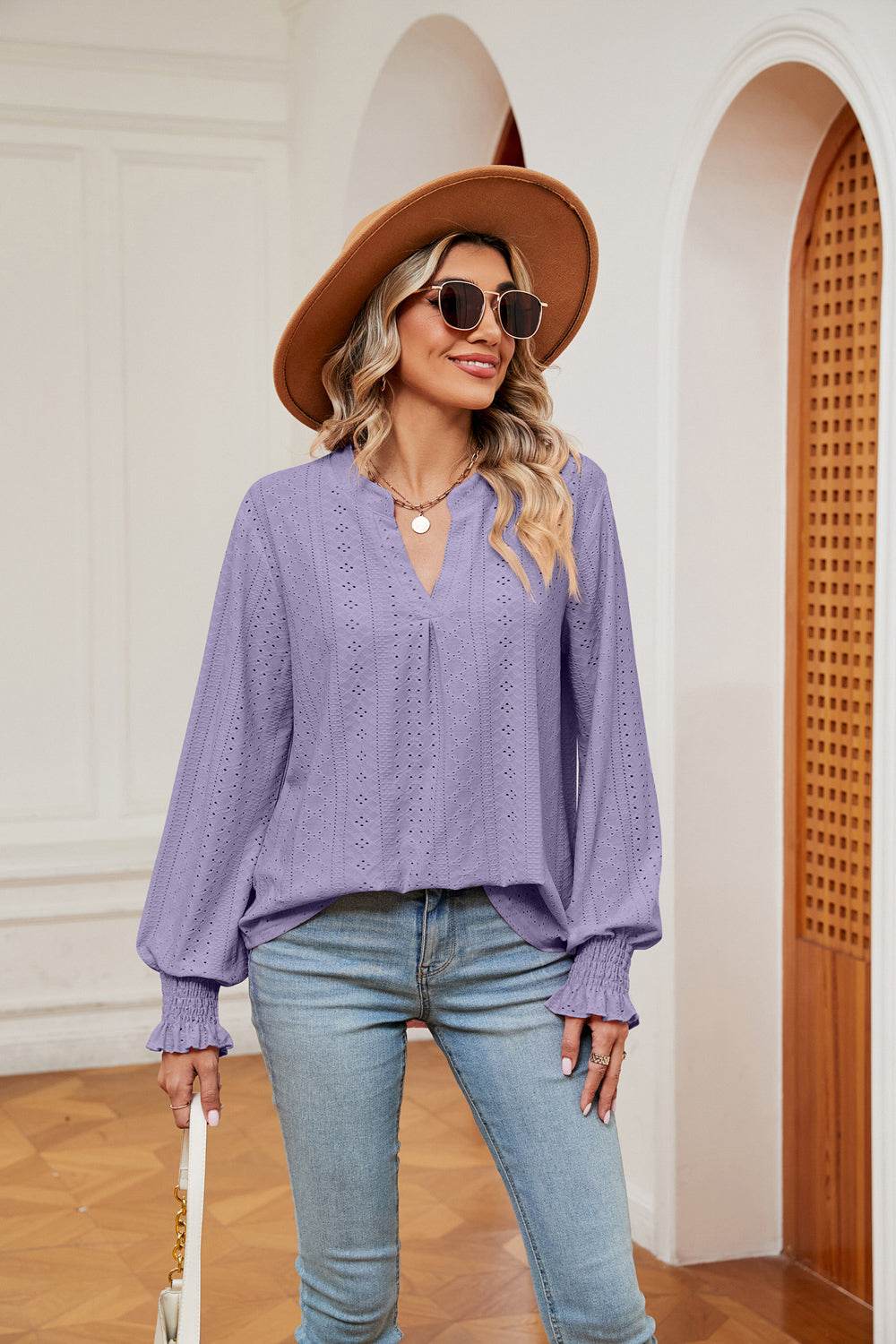 Notched Neck Flounce Sleeve Blouse for a perfect OOTD – dress to impress outfits from Amexza