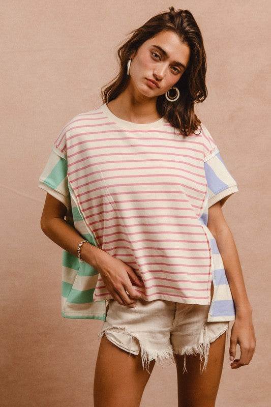 BiBi Slit Exposed Seam Striped Round Neck Short Sleeve T-Shirt for a perfect OOTD – dress to impress outfits from Amexza