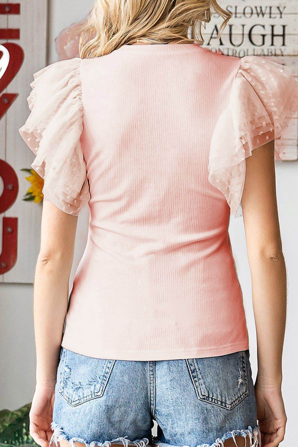 Ruffled Round Neck Cap Sleeve Blouse - Amexza