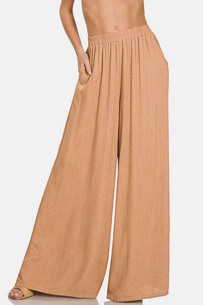 Zenana Pleated Linen Blend Wide Leg Pants Dk Brush for a perfect OOTD – dress to impress outfits from Amexza