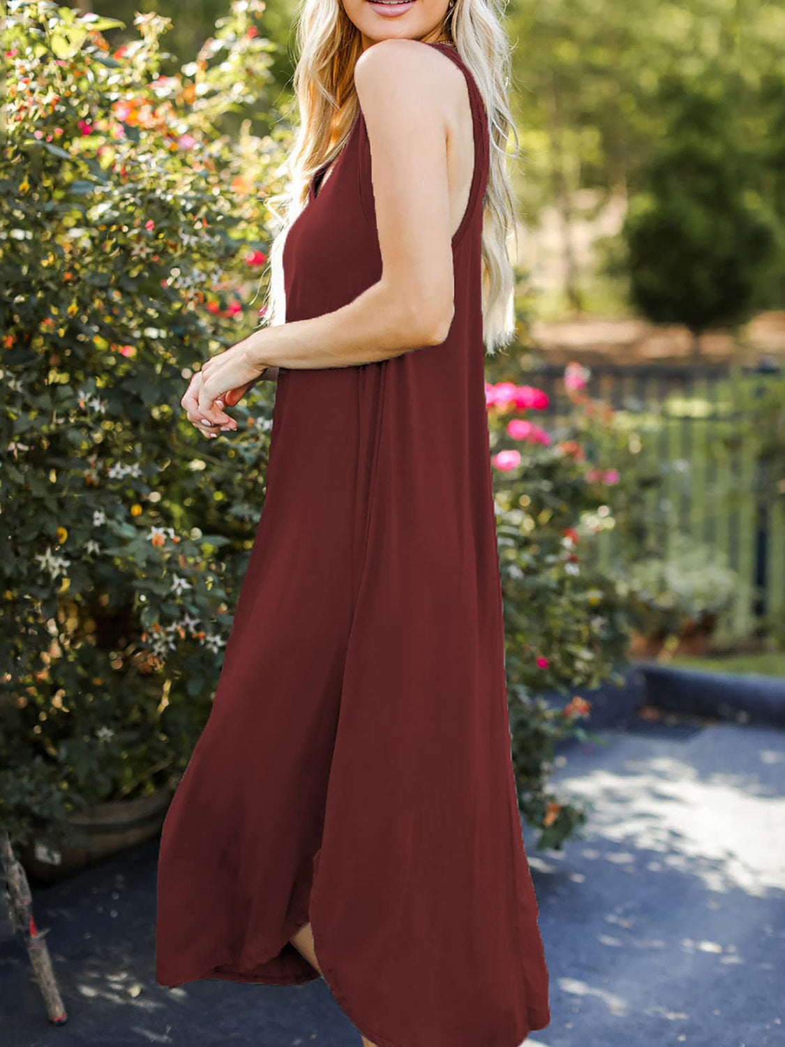 Full Size V-Neck Midi Tank Dress - Burgundy / S