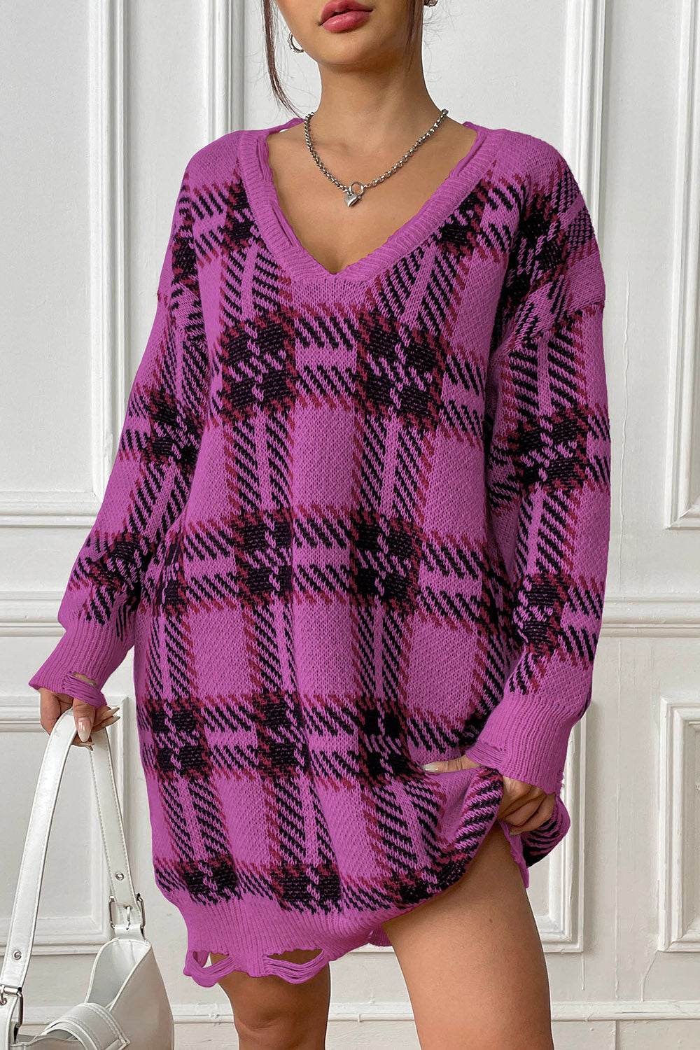 Plaid V-Neck Long Sleeve Sweater Dress for a perfect OOTD – dress to impress outfits from Amexza