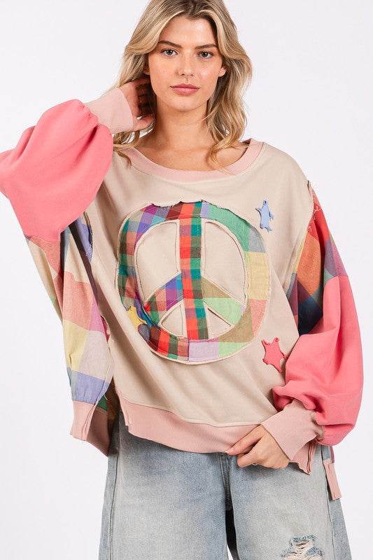 SAGE + FIG Full Size Contrast Peace Patch Dropped Shoulder Sweatshirt for a perfect OOTD – dress to impress outfits from Amexza
