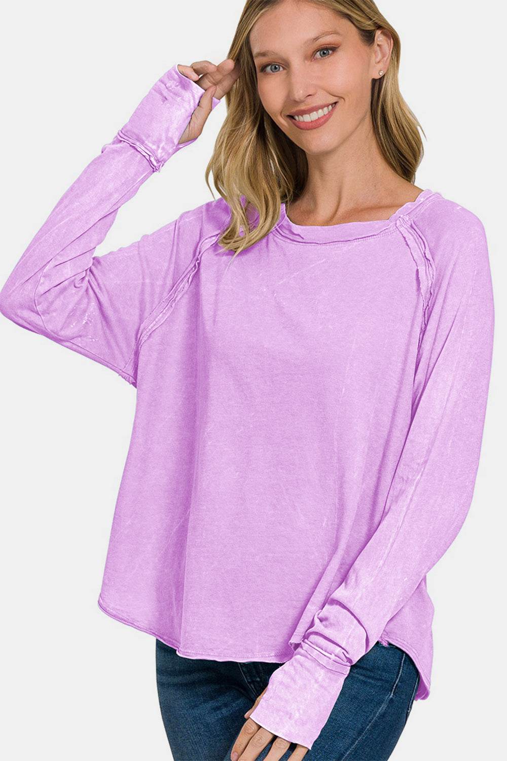 Zenana Round Neck Thumbhole Long Sleeve T-Shirt for a perfect OOTD – dress to impress outfits from Amexza