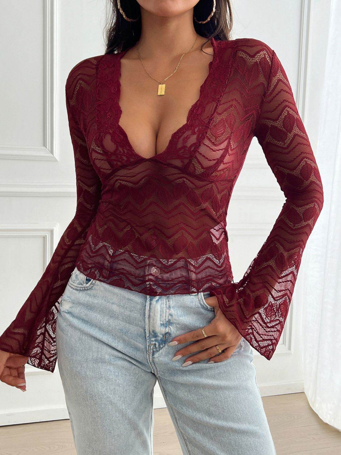 Devine Plunge Long Sleeve Lace Top Burgundy for a perfect OOTD – dress to impress outfits from Amexza