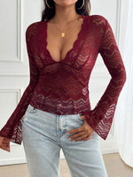 Devine Plunge Long Sleeve Lace Top - Amexza