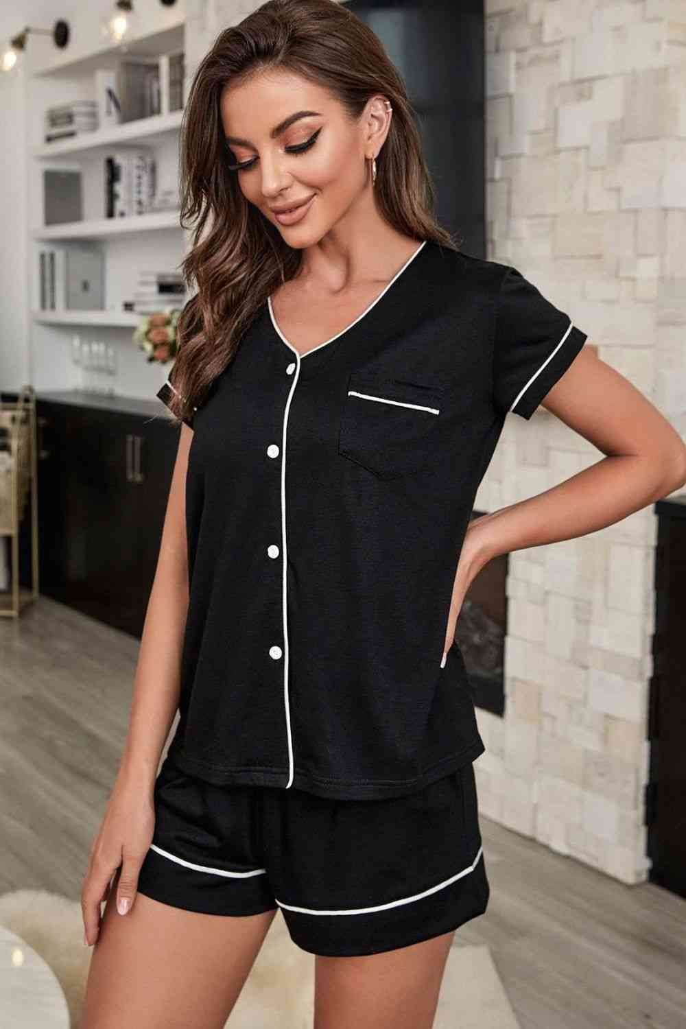 Contrast Piping Button-Up Top and Shorts Pajama Set for a perfect OOTD – dress to impress outfits from Amexza