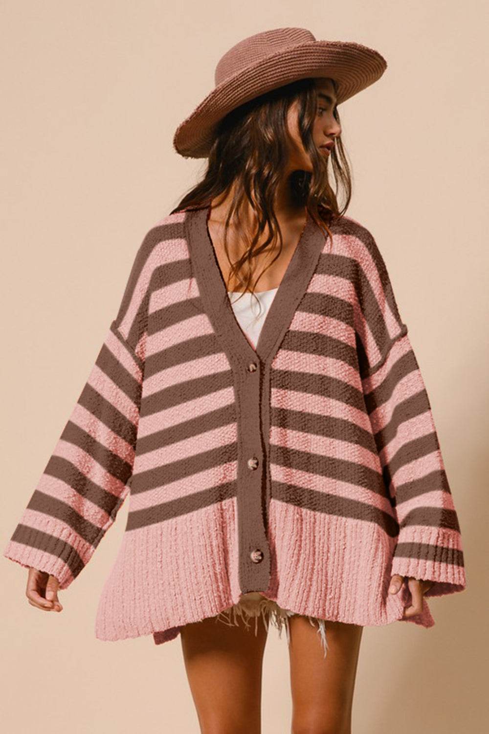 BiBi Slit Striped V-Neck Button Up Cardigan for a perfect OOTD – dress to impress outfits from Amexza