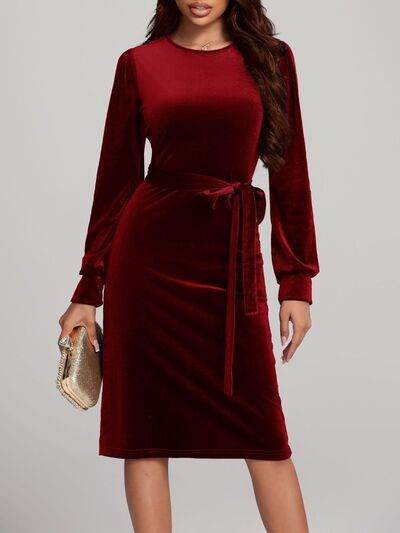 Round Neck Tie Waist Long Sleeve Velvet Dress Burgundy for a perfect OOTD – dress to impress outfits from Amexza