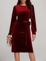 Round Neck Tie Waist Long Sleeve Velvet Dress Burgundy for a perfect OOTD – dress to impress outfits from Amexza