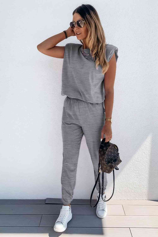 Padded Shoulder Top and Joggers Lounge Set Mid Gray for a perfect OOTD – dress to impress outfits from Amexza