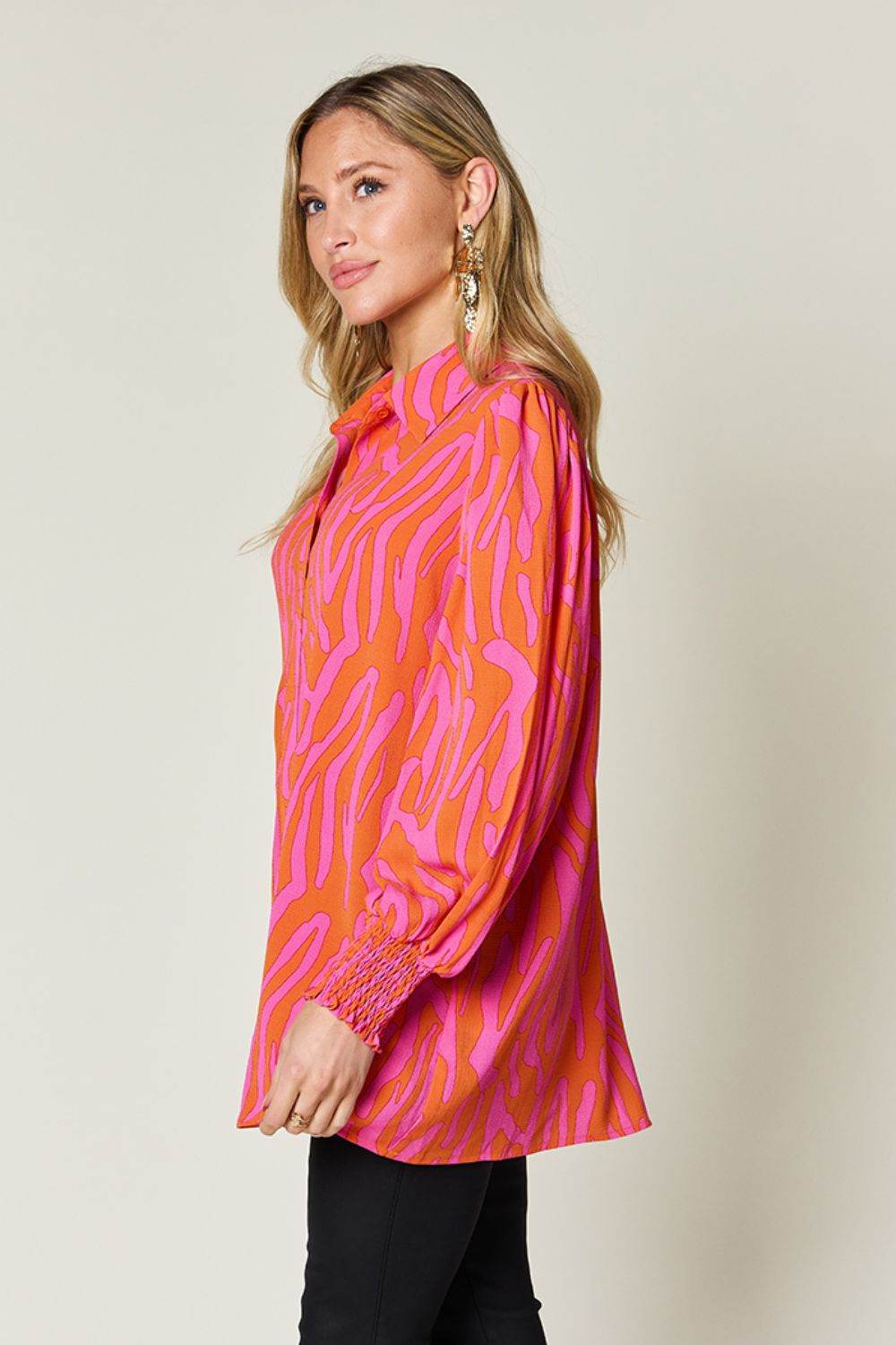 Double Take Full Size Printed Smocked Long Sleeve Blouse for a perfect OOTD – dress to impress outfits from Amexza