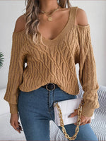 Cable-Knit Cold Shoulder Long Sleeve Sweater Taupe for a perfect OOTD – dress to impress outfits from Amexza