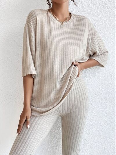 Ribbed Round Neck T-Shirt and Pants Lounge Set for a perfect OOTD – dress to impress outfits from Amexza