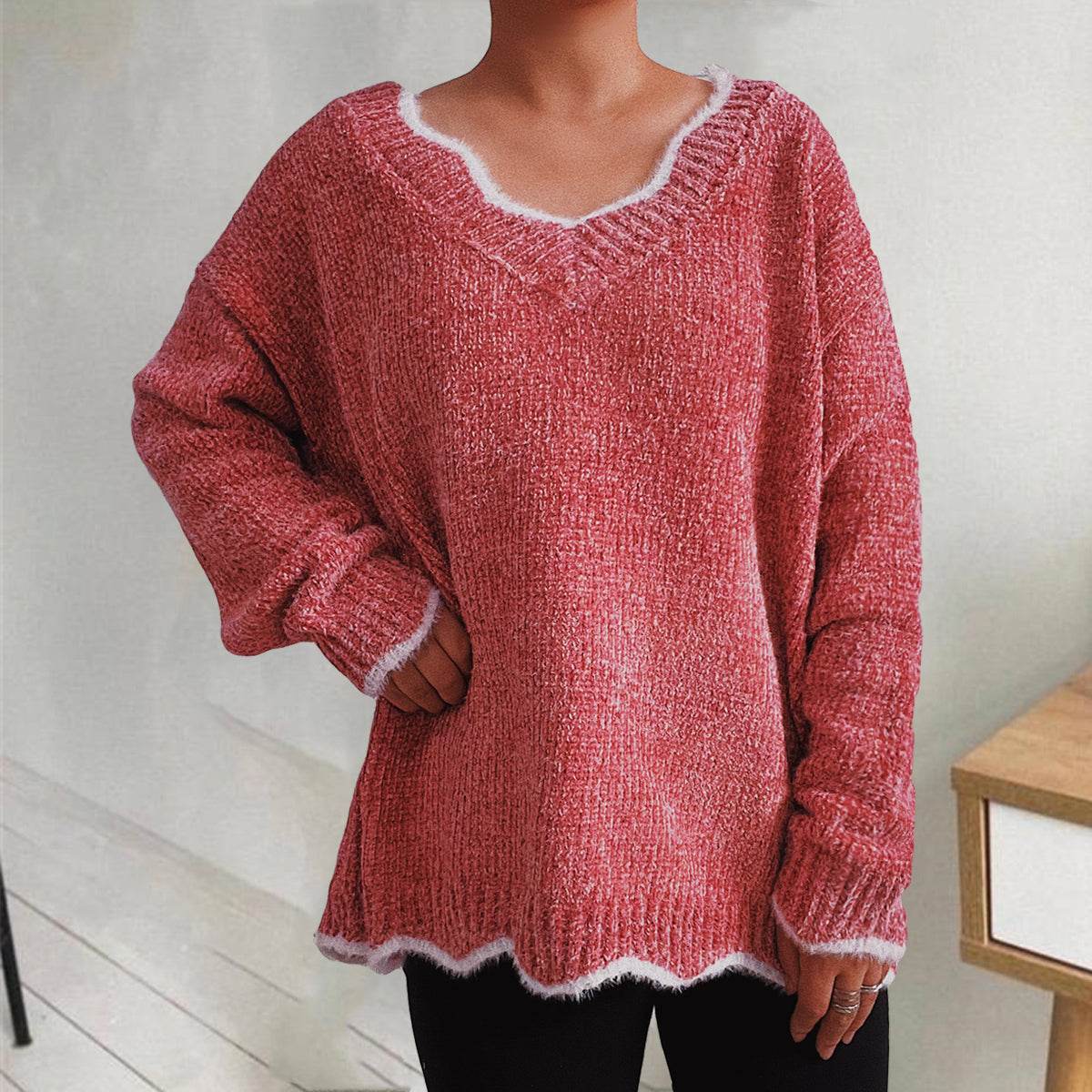 V-Neck Drop Shoulder Long Sleeve Sweater Coral for a perfect OOTD – dress to impress outfits from Amexza