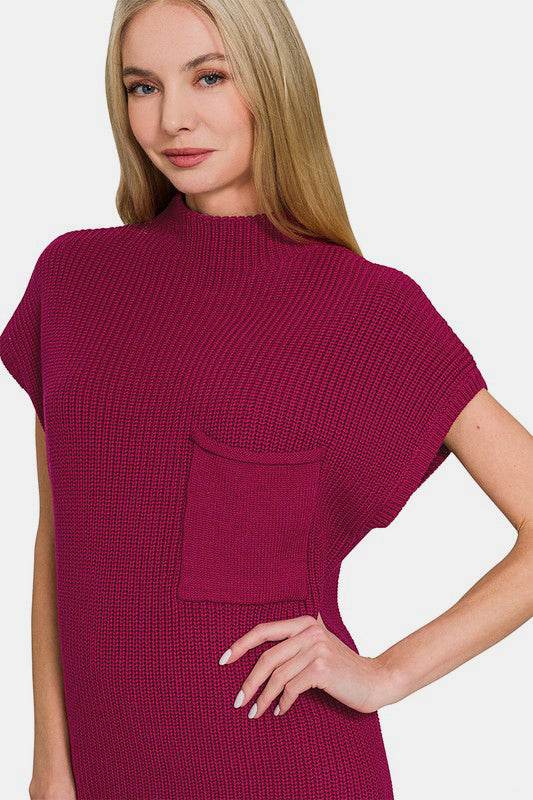 Zenana Mock Neck Short Sleeve Sweater Dress - Amexza