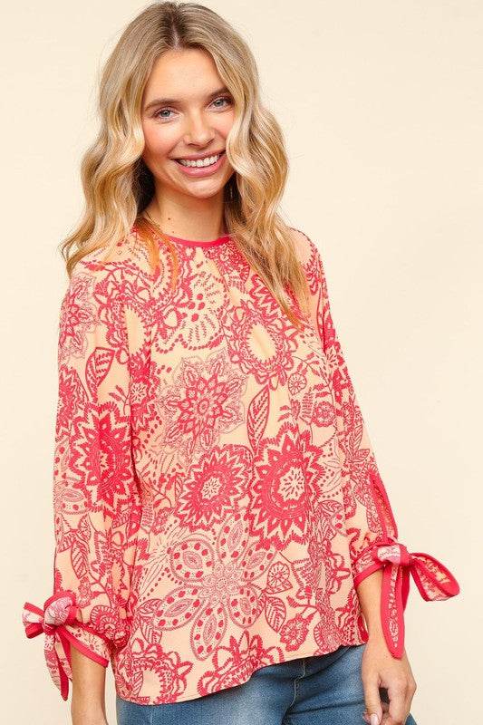 Haptics Ribbon Bow Detail Floral Round Neck Blouse - Amexza