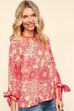 Haptics Ribbon Bow Detail Floral Round Neck Blouse - Amexza