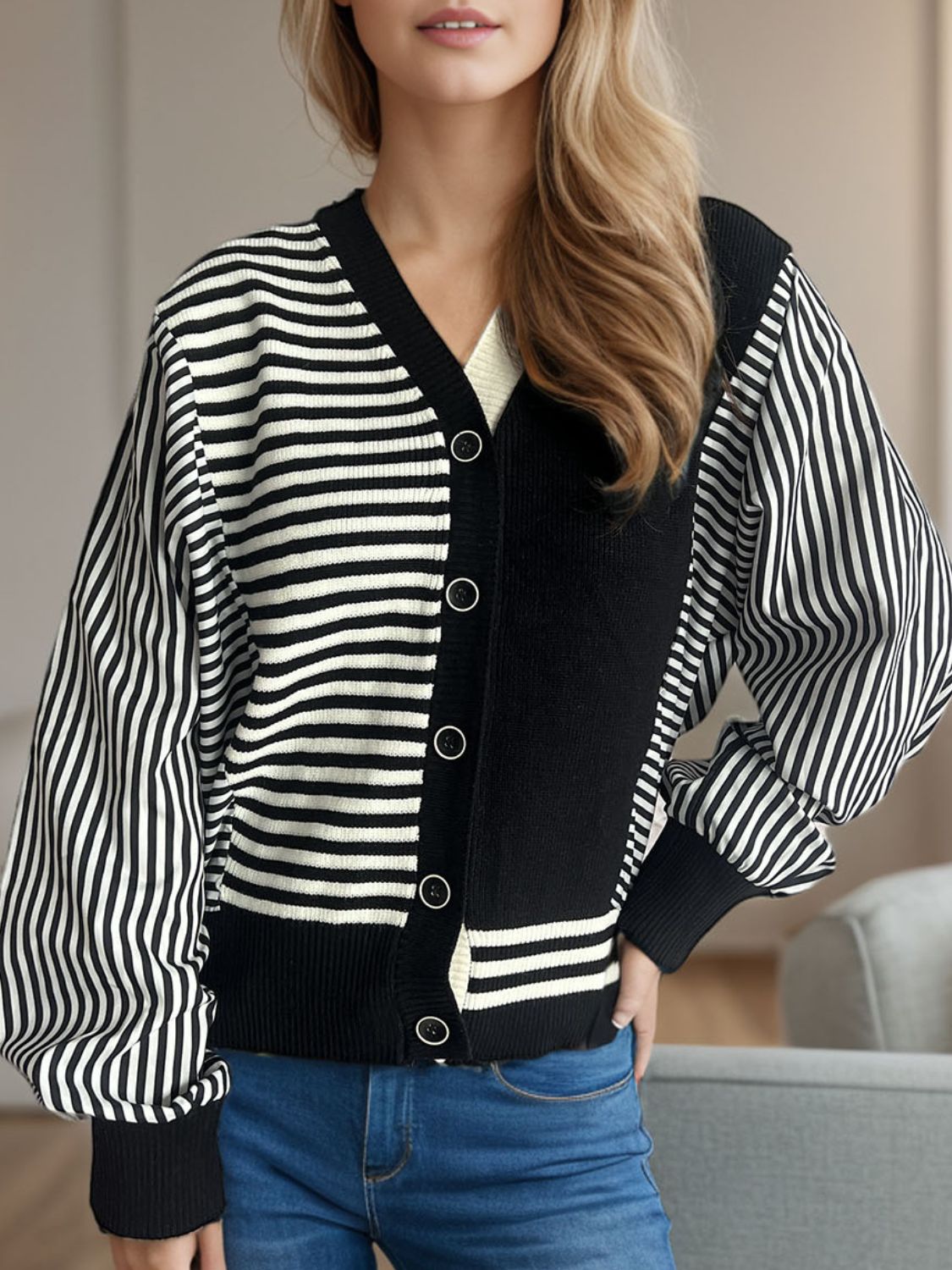 Striped Button Down Long Sleeve Cardigan for a perfect OOTD – dress to impress outfits from Amexza