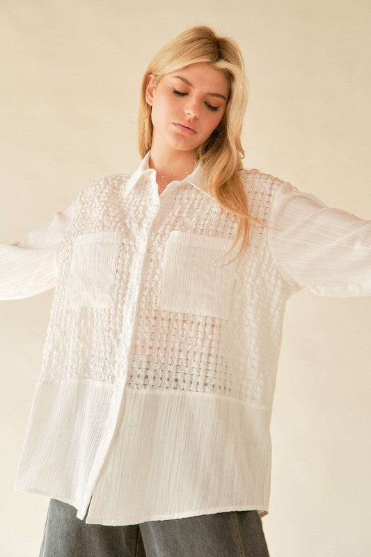 Davi & Dani Crinkled Jacquard Button Down Shirt for a perfect OOTD – dress to impress outfits from Amexza