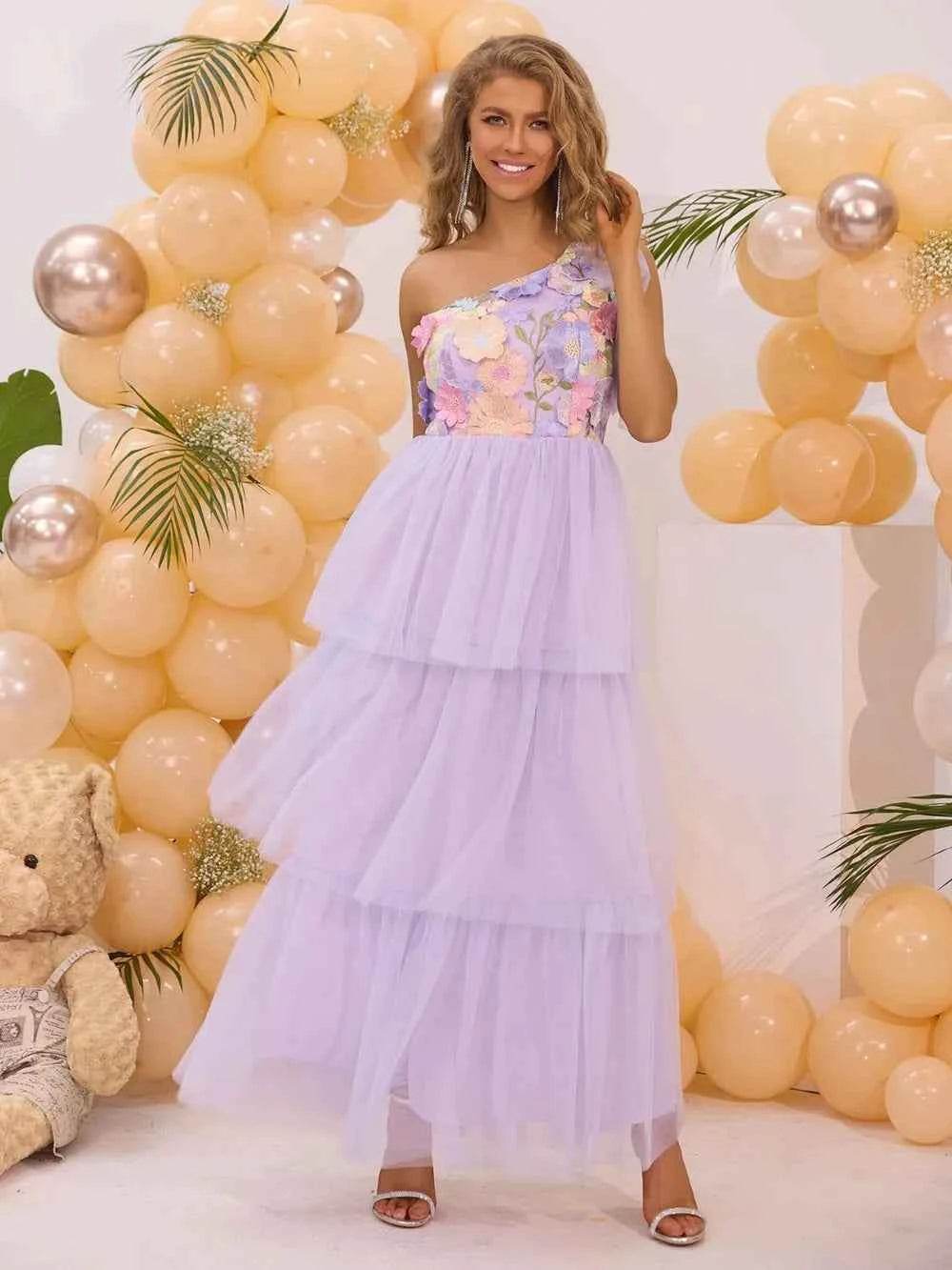 Embroidered Layered Single Shoulder Dress Pink Purple for a perfect OOTD – dress to impress outfits from Amexza