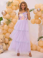 Embroidered Layered Single Shoulder Dress Pink Purple for a perfect OOTD – dress to impress outfits from Amexza