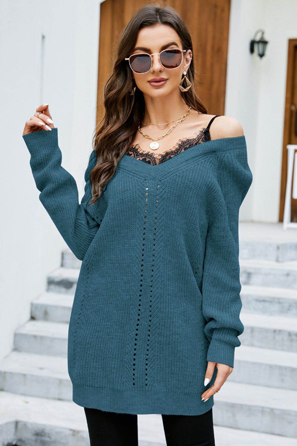 Openwork V-Neck Long Sleeve Sweater Deep Teal for a perfect OOTD – dress to impress outfits from Amexza