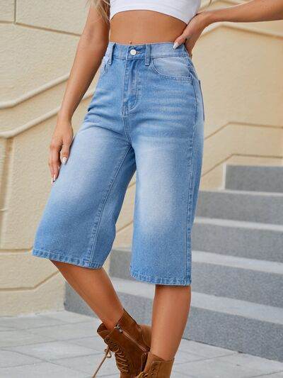 High Waist Denim Shorts with Pockets - Amexza