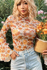 Printed Mock Neck Flare Sleeve Top - Amexza