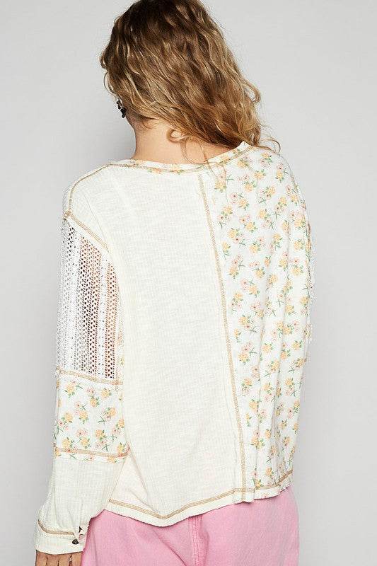 POL Floral Crochet Patch V-Neck Top - Amexza