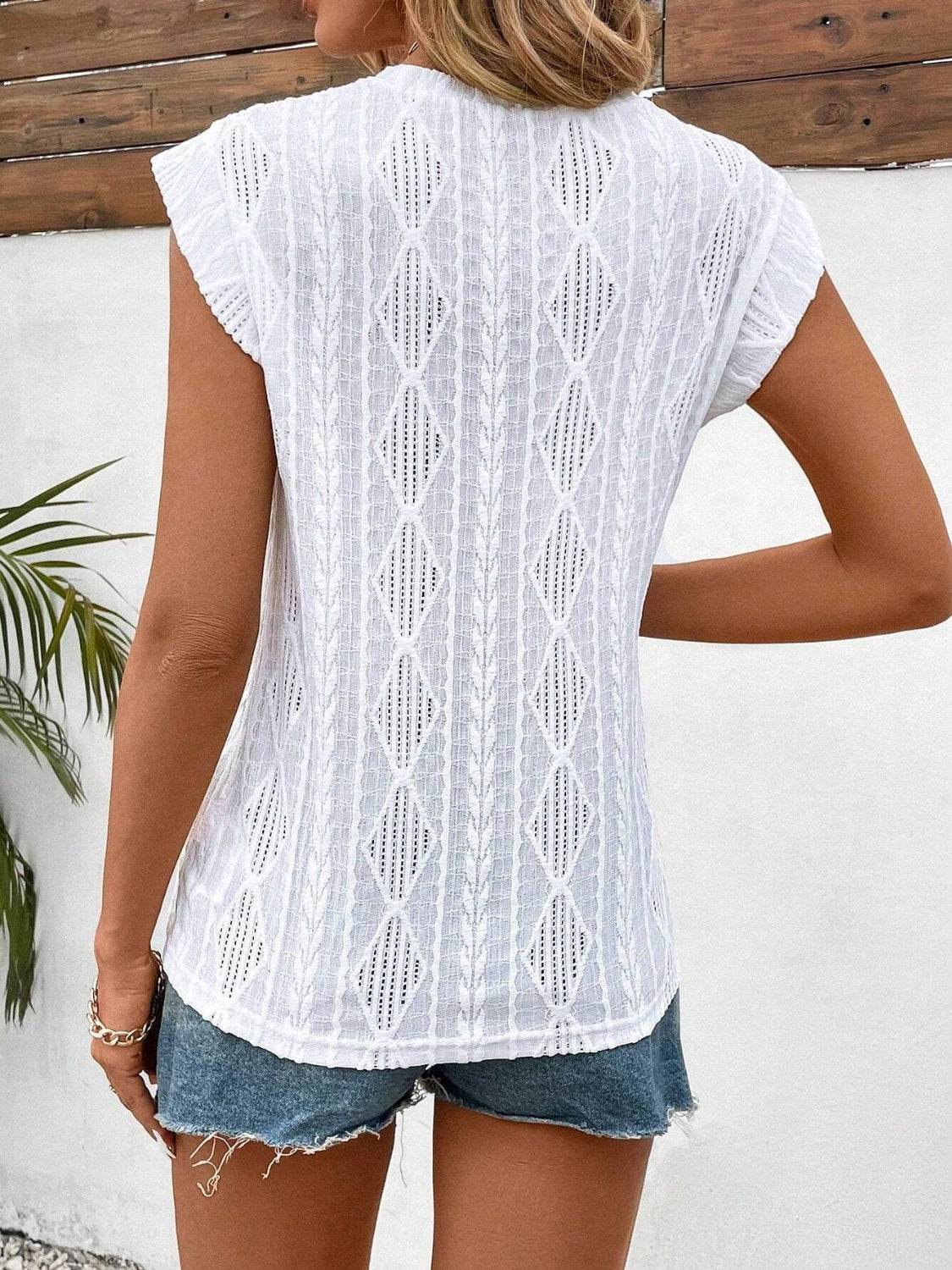 Openwork Round Neck Cap Sleeve Top for a perfect OOTD – dress to impress outfits from Amexza