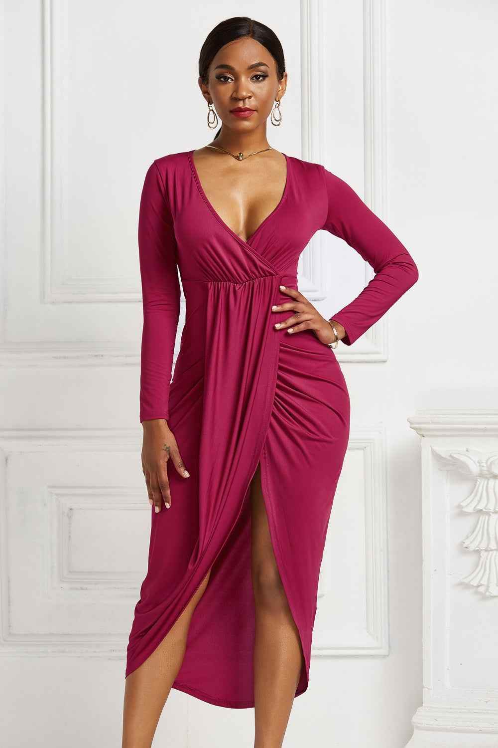 High-low Ruched Surplice Long Sleeve Dress Deep Rose for a perfect OOTD – dress to impress outfits from Amexza