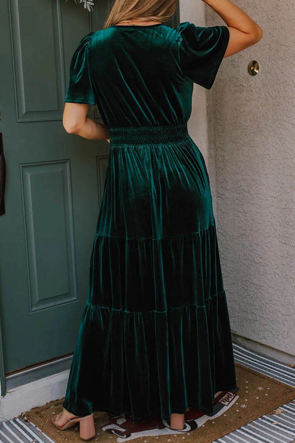 Tiered Notched Short Sleeve Dress with Pockets - Amexza