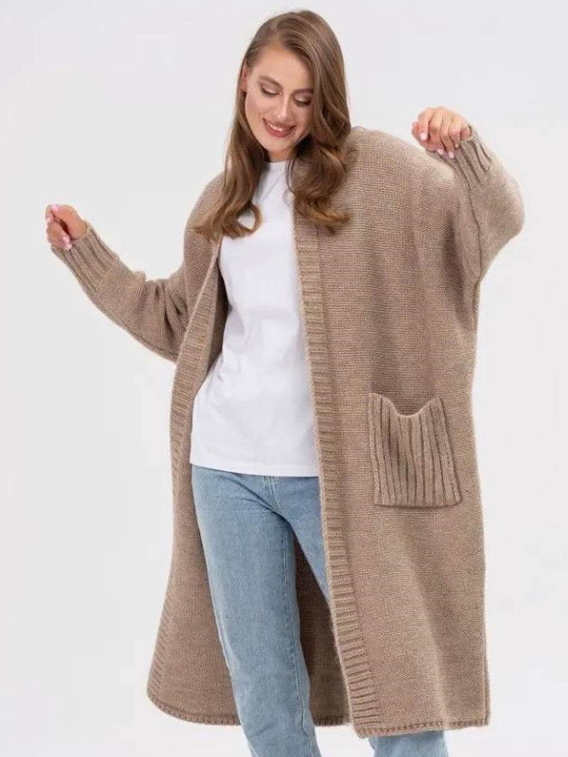 Pocketed Open Front Long Sleeve Longline Cardigan - Amexza