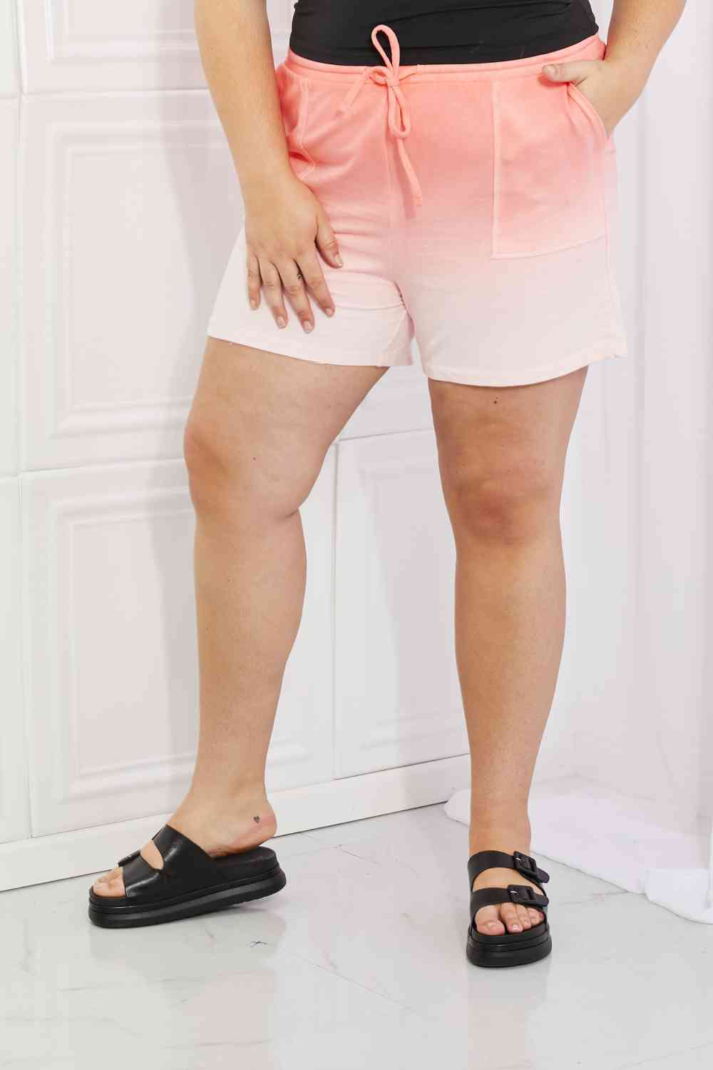 Zenana In The Zone Full Size Dip Dye High Waisted Shorts in Coral for a perfect OOTD – dress to impress outfits from Amexza