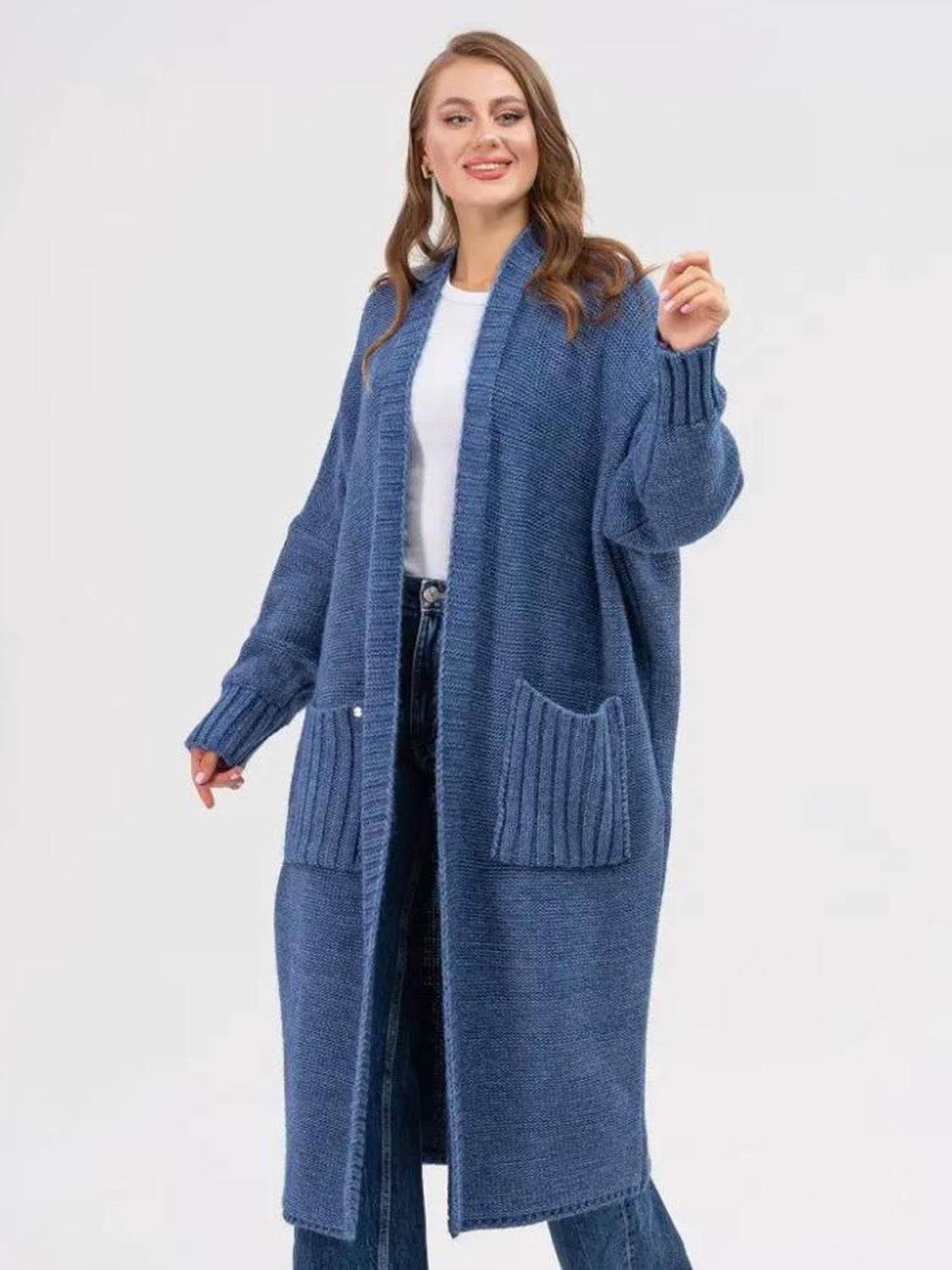 Pocketed Open Front Long Sleeve Longline Cardigan - Amexza