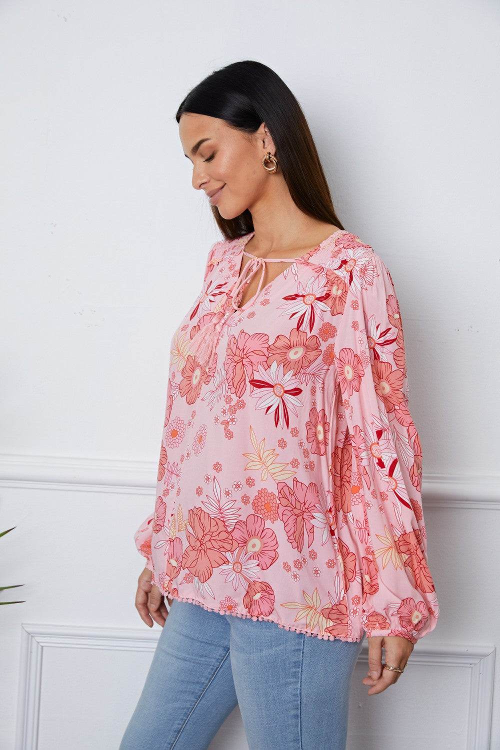 Floral Smocked Tassel Tie Balloon Sleeve Blouse - Amexza