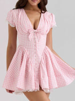 Gingham Ruffle Mini Dress with Lace Trim