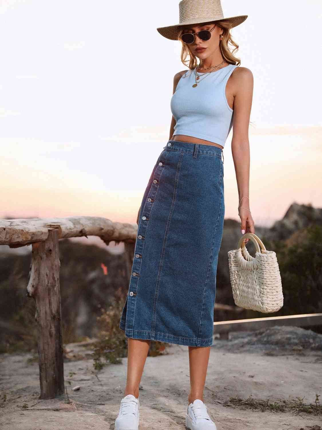 Button Down Denim Skirt - Amexza