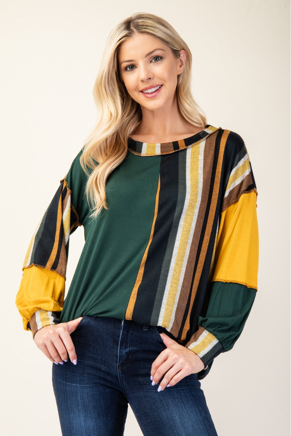 Celeste Full Size Striped Color Block Exposed Seam T-Shirt Hunter Green Stripe for a perfect OOTD – dress to impress outfits from Amexza