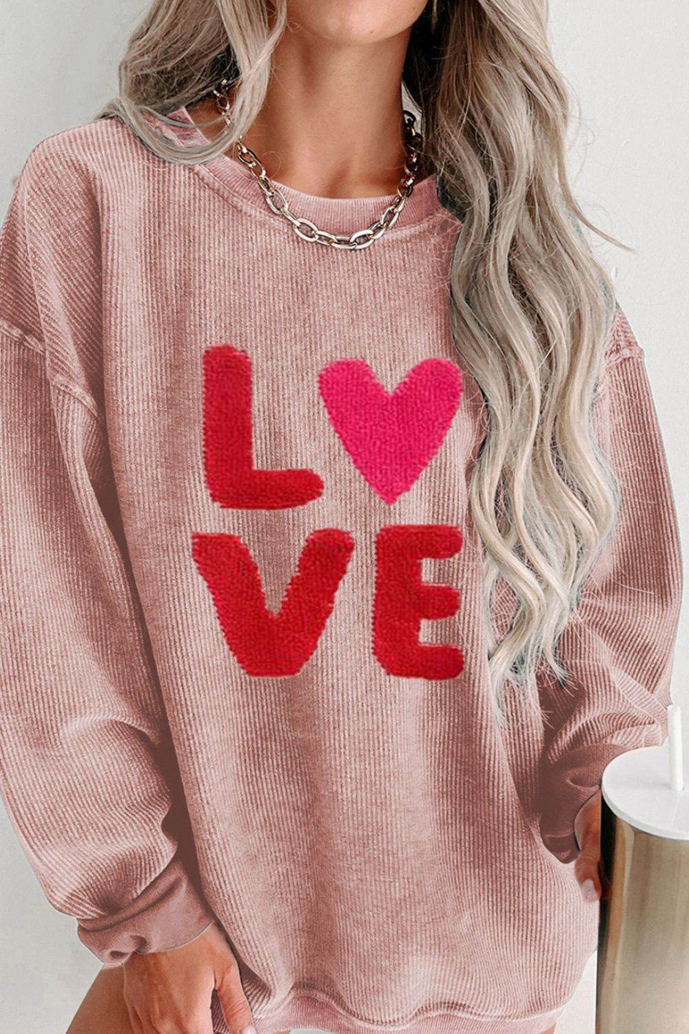 Valentine’s Day LOVE Round Neck Long Sleeve Sweatshirt Dusty Pink for a perfect OOTD – dress to impress outfits from Amexza