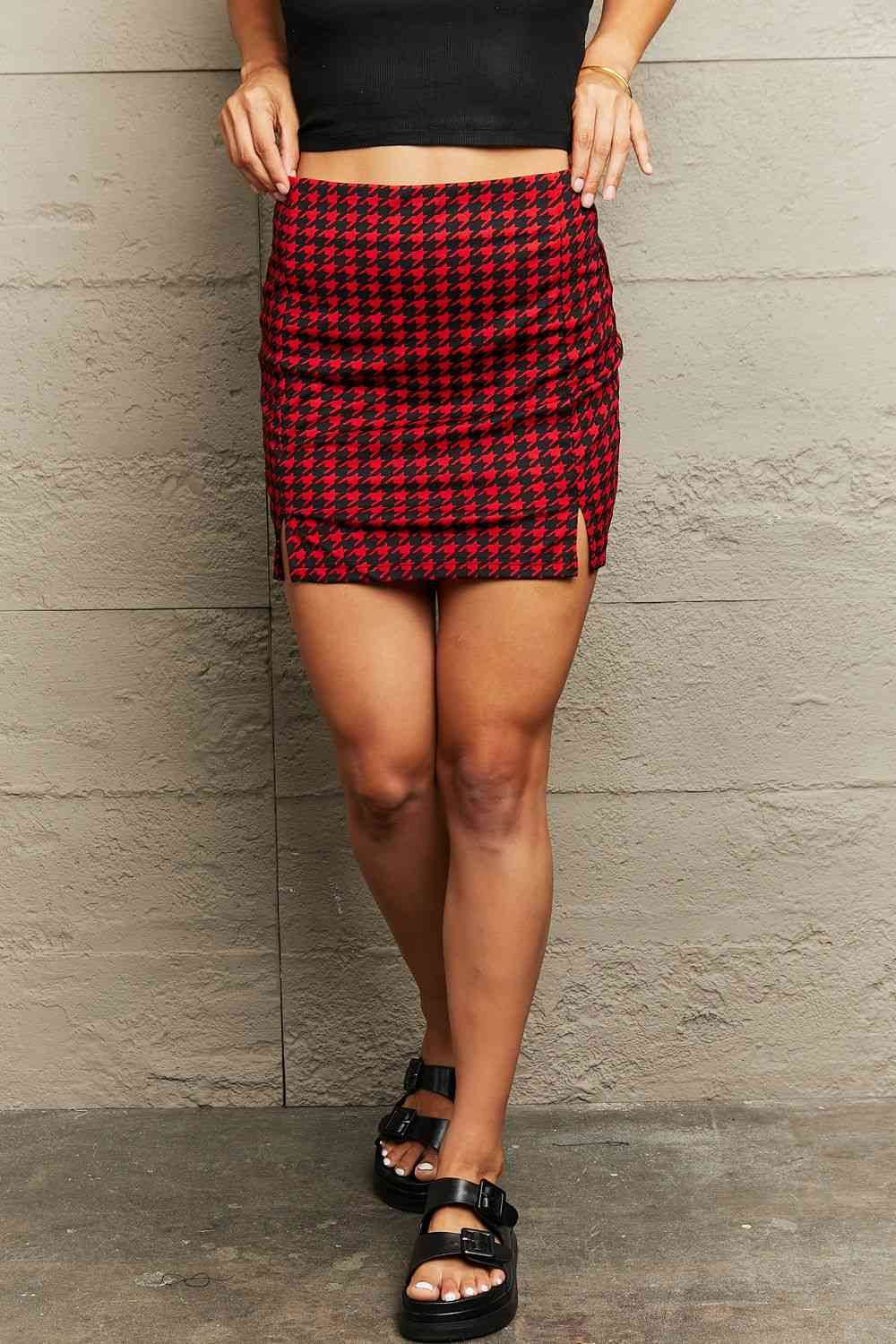 Honey Houndstooth Slit Mini Skirt Deep Red for a perfect OOTD – dress to impress outfits from Amexza